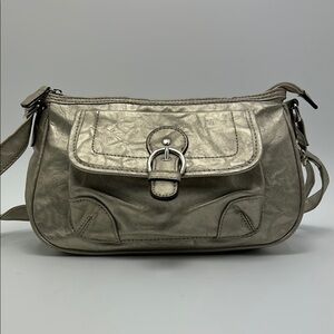 Vintage Y2K Metallic Shoulder Bag Sleek Big Buckle Faux Leather Baguette Satchel